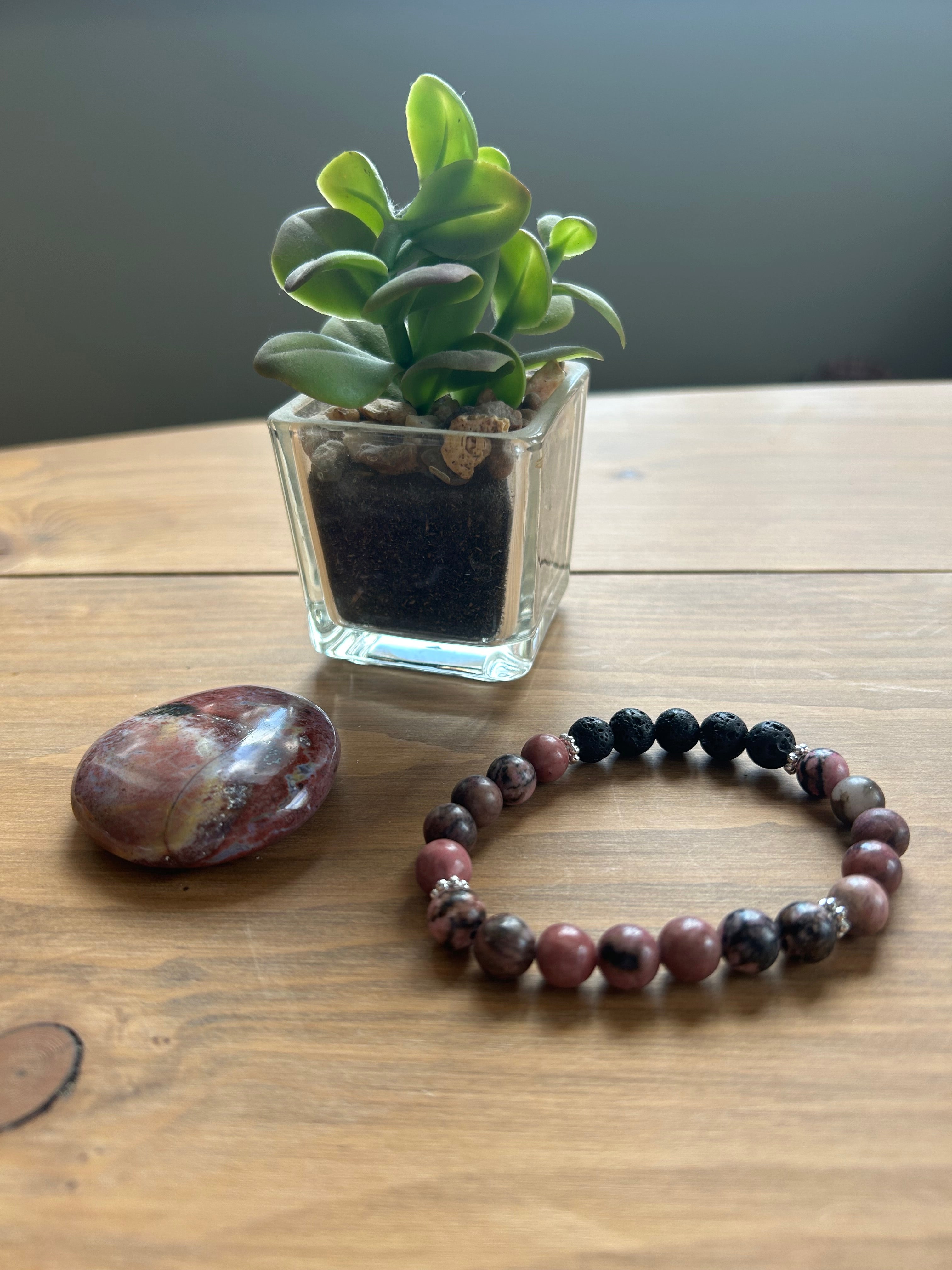 Rhodonite Aromatherapy Gemstone & Lava Bead Bracelet