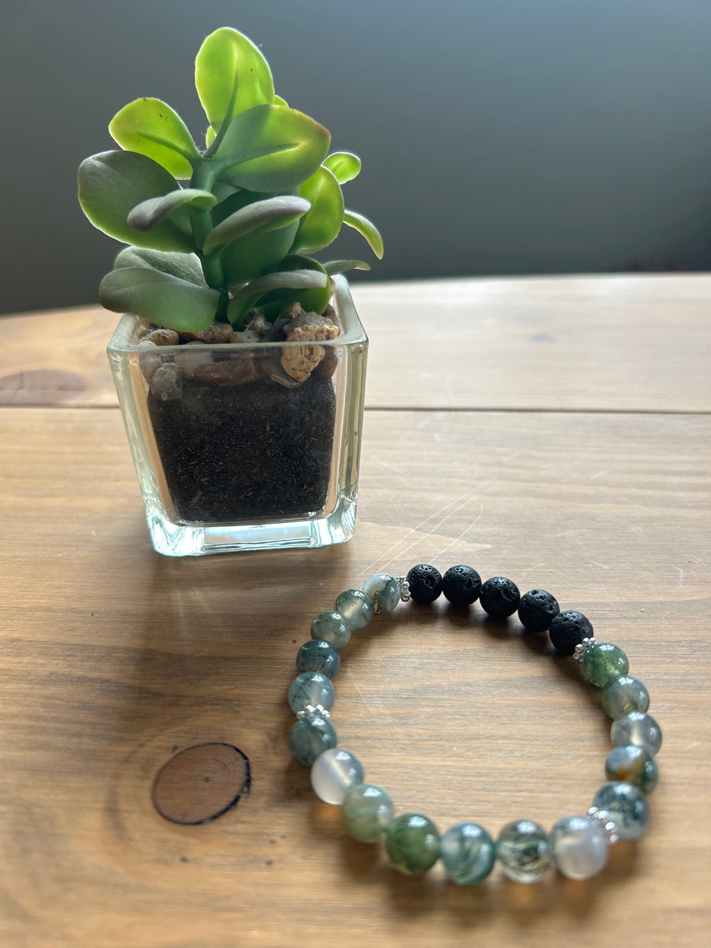 Moss Agate Aromatherapy Gemstone & Lava Bead Bracelet