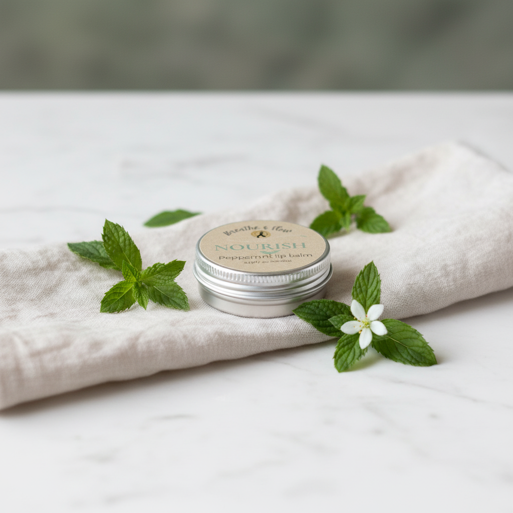 NOURISH peppermint lip balm closed tin styled with mint leaves and white flowers on linen surface