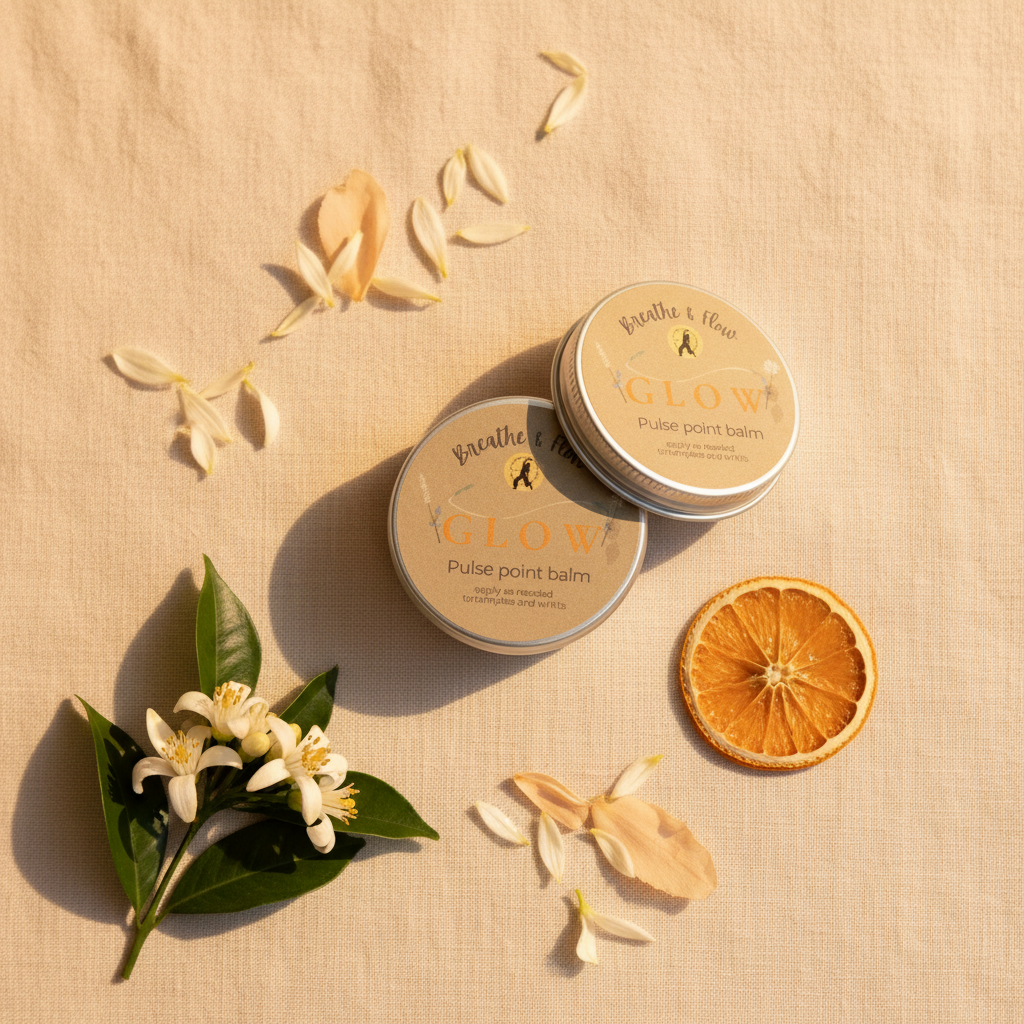 Open GLOW pulse point balm tin by Breathe and Flow flat lay with neroli flowers and dried mandarin on linen