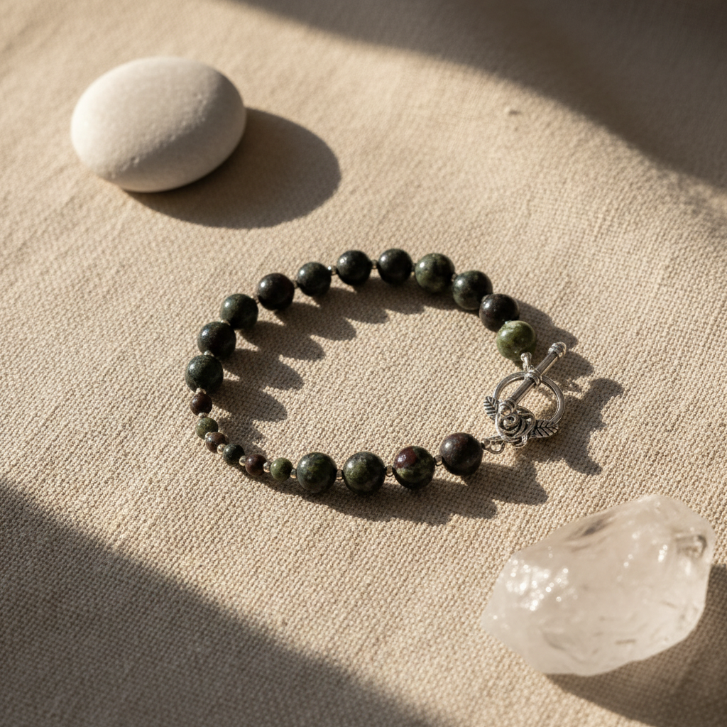 Dragon's Blood Jasper 4-7-8 breathwork bracelet on soft linen