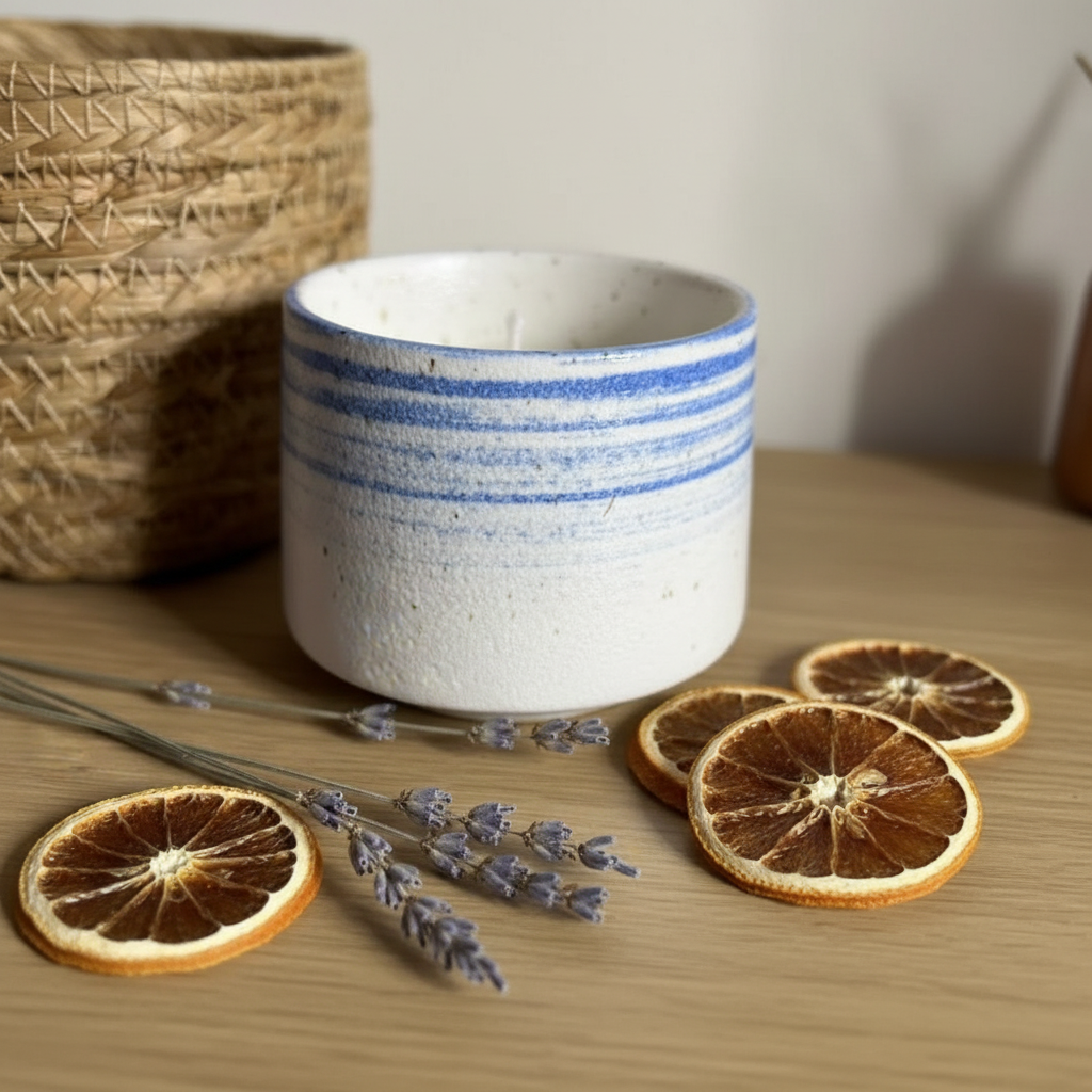 Japanese Teacup Candle - Calm lifestyle image with lavender and bergamot