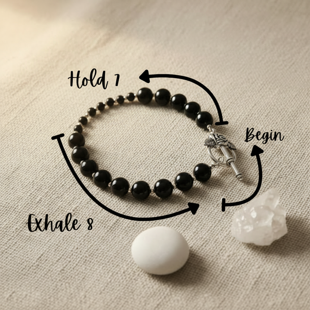 Obsidian 4-7-8 breathwork bracelet on linen with breathing guide annotations showing Inhale 4, Hold 7, Exhale 8