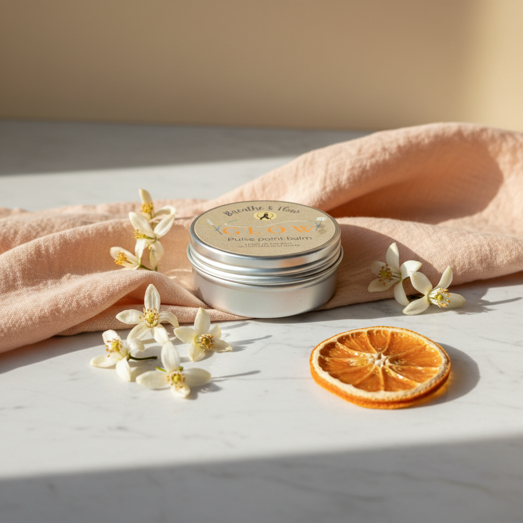 GLOW pulse point balm tin by Breathe and Flow styled with dried orange blossom and mandarin on marble surface