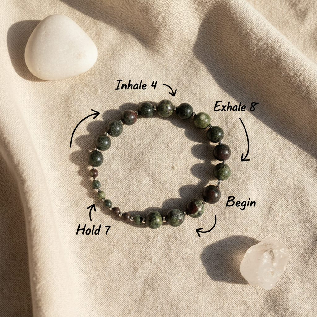 Dragon's Blood Jasper bracelet with Inhale 4, Hold 7, Exhale 8 breathing guide
